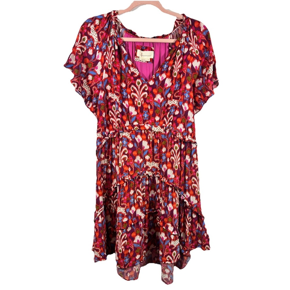 Anthropologie‎ Robin Ruffle Mini Dress Red Floral Ikat V-Neck Flutter Dopamine S